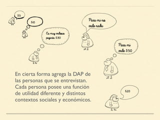 En cierta forma agrega la DAP de
las personas que se entrevistan.
Cada persona posee una función
de utilidad diferente y distintos
contextos sociales y económicos.
 