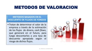 METODOS DE VALORACION
METODOS BASADOS EN EL
DESCUENTO DE FLUJOS DE FONDOS
• Tratan de determinar el valor de la
empresa a través de la estimación
de los flujos de dinero, cash flows,
que generará en el futuro, para
luego descontarlos a una tasa de
descuento apropiada según el
riesgo de dichos flujos.
Lic. Ximena G. Lemaitre Vélez
 