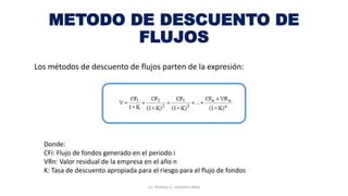 METODO DE DESCUENTO DE
FLUJOS
Los métodos de descuento de flujos parten de la expresión:
Donde:
CFi: Flujo de fondos generado en el periodo i
VRn: Valor residual de la empresa en el año n
K: Tasa de descuento apropiada para el riesgo para el flujo de fondos
Lic. Ximena G. Lemaitre Vélez
 