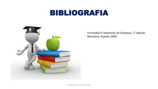 BIBLIOGRAFIA
Fernández P. Valoración de Empresas. 2° edición.
Barcelona, España; 2002.
Lic. Ximena G. Lemaitre Vélez
 