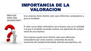 IMPORTANCIA DE LA
VALORACION
PARA QUE
SIRVE UNA
VALORACION??
Una empresa tiene distinto valor para diferentes compradores y
para el vendedor.
El valor nunca debe confundirse con el precio, que es la cantidad
a la que el vendedor acuerdan realizar una operación de compra-
venta de una empresa.
Una empresa puede tener distinto valor para diferentes
compradores por varias razones: economías de escala,
economías de complementariedad, distintas percepciones, etc.
Lic. Ximena G. Lemaitre Vélez
 