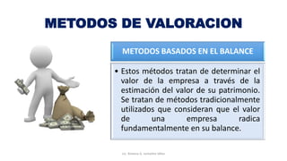 METODOS DE VALORACION
METODOS BASADOS EN EL BALANCE
• Estos métodos tratan de determinar el
valor de la empresa a través de la
estimación del valor de su patrimonio.
Se tratan de métodos tradicionalmente
utilizados que consideran que el valor
de una empresa radica
fundamentalmente en su balance.
Lic. Ximena G. Lemaitre Vélez
 