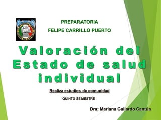 Realiza estudios de comunidad
PREPARATORIA
FELIPE CARRILLO PUERTO
QUINTO SEMESTRE
Dra: Mariana Gallardo Cantúa
 