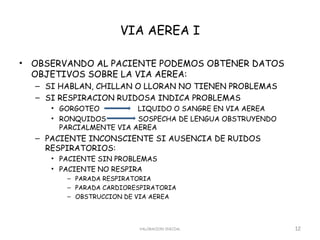 VIA AEREA I

•   OBSERVANDO AL PACIENTE PODEMOS OBTENER DATOS
    OBJETIVOS SOBRE LA VIA AEREA:
    – SI HABLAN, CHILLAN O LLORAN NO TIENEN PROBLEMAS
    – SI RESPIRACION RUIDOSA INDICA PROBLEMAS
       • GORGOTEO          LIQUIDO O SANGRE EN VIA AEREA
       • RONQUIDOS         SOSPECHA DE LENGUA OBSTRUYENDO
         PARCIALMENTE VIA AEREA
    – PACIENTE INCONSCIENTE SI AUSENCIA DE RUIDOS
      RESPIRATORIOS:
       • PACIENTE SIN PROBLEMAS
       • PACIENTE NO RESPIRA
          – PARADA RESPIRATORIA
          – PARADA CARDIORESPIRATORIA
          – OBSTRUCCION DE VIA AEREA




                           VALORACION INICIAL               12
 