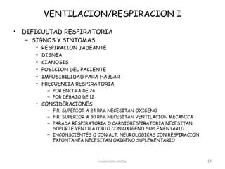 VENTILACION/RESPIRACION I
•   DIFICULTAD RESPIRATORIA
    – SIGNOS Y SINTOMAS
       •   RESPIRACION JADEANTE
       •   DISNEA
       •   CIANOSIS
       •   POSICION DEL PACIENTE
       •   IMPOSIBILIDAD PARA HABLAR
       •   FRECUENCIA RESPIRATORIA
            – POR ENCIMA DE 24
            – POR DEBAJO DE 12
       • CONSIDERACIONES
            – F.R. SUPERIOR A 24 RPM NECESITAN OXIGENO
            – F.R. SUPERIOR A 30 RPM NECESITAN VENTILACION MECANICA
            – PARADA RESPIRATORIA O CARDIORESPIRATORIA NECESITAN
              SOPORTE VENTILATORIO CON OXIGENO SUPLEMENTARIO
            – INCONSCIENTES O CON ALT. NEUROLOGICAS CON RESPIRACION
              EXPONTANEA NECESITAN OXIGENO SUPLEMENTARIO



                                 VALORACION INICIAL                   14
 