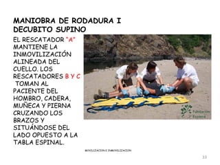 MANIOBRA DE RODADURA I
DECUBITO SUPINO
EL RESCATADOR “A”
MANTIENE LA
INMOVILIZACIÓN
ALINEADA DEL
CUELLO. LOS
RESCATADORES B Y C
 TOMAN AL
PACIENTE DEL
HOMBRO, CADERA,
MUÑECA Y PIERNA
CRUZANDO LOS
BRAZOS Y
SITUÁNDOSE DEL
LADO OPUESTO A LA
TABLA ESPINAL.
                     MOVILIZACION E INMOVILIZACION

                                                     33
 