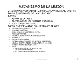 MECANISMO DE LA LESION
•   AL ANALIZAR Y OBSERVAR LA ESCENA INTENTAR DEDUCIR LAS
    POSIBLES LESIONES DEL ACCIDENTADO
•   DATOS
    – ALTURA DE LA CAIDA
    – OBJETOS CERCA DEL PACIENTE (ESCALERA)
    – POSICION DEL PACIENTE
•   POSIBLES ESCENARIOS CON LESIONES GRAVES
    –   PACIENTE DESPEDIDO DEL COCHE
    –   PASAJERO FALLECIDO
    –   CAIDA DE MAS DE 6 METROS DE ALTURA
    –   VEHICULO VOLCADO
    –   COLISION DE VEHICULOS A ALTA VELOCIDAD
    –   ATROPELLO
    –   COLISION MOTO-COCHE
    –   VICTIMA CON ALTERACION DEL NIVEL DE CONCIENCIA
    –   HERIDAS PENETRANTES EN CABEZA, TORAX Y ABDOMEN
    –   VICTIMA INCONSCIENTE EN AGUA
    –   NIÑO
         •   CAIDA DE MAS DE TRES METROS DE ALTURA
         •   COLISION COCHE BICICLETA
         •   COLISION DE VEHICULOS A MEDIANA VELOCIDAD




                                        VALORACION DEL LUGAR   5
 