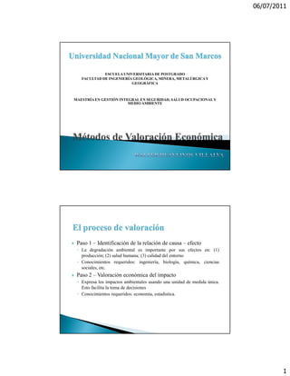 06/07/2011




Universidad Nacional Mayor de San Marcos

              ESCUELA UNIVERSITARIA DE POSTGRADO
    FACULTAD DE INGENIERÍA GEOLÓGICA, MINERA, METALÚRGICA Y
                          GEOGRÁFICA



 MAESTRÍA EN GESTIÓN INTEGRAL EN SEGURIDAD, SALUD OCUPACIONAL Y
                         MEDIO AMBIENTE




  Paso 1 – Identificación de la relación de causa – efecto
  ◦ La degradación ambiental es importante por sus efectos en: (1)
    producción; (2) salud humana; (3) calidad del entorno
  ◦ Conocimientos requeridos: ingeniería, biología, química, ciencias
    sociales, etc.
  Paso 2 – Valoración económica del impacto
  ◦ Expresa los impactos ambientales usando una unidad de medida única.
    Esto facilita la toma de decisiones
  ◦ Conocimientos requeridos: economía, estadística.




                                                                                  1
 