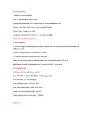 VALORACION FINAL

1: observar bien el problema

2: sacar la suma de las calificaciones

3: la suma de las calificaciones dividir las por el numero de calificaciones

4: luego ya da el promedio de las calificaciones de Camilo

5: luego hacer el diagrama en dfd

6 luego dar la solución del problema en pseint seudocódigo

Problema 04. Sueldo mas comisión

1.Leer el problema

01. Escribir el algoritmo en lenguaje cotidiano para calcular el sueldo mensual de un vendedor que
recibe un sueldo

basemas un 10% extra por comisión de sus ventas.

2.El objetivo es encontrar el porsentaje y el sueldo .

3.Para encontrar el porcentaje debemos de encontrar con esta formula: 10/100*3

4.Ya sabemos la solución ahora debemos de realizarlo en los 2 programas.

EDAD EN ESGUNDO

1: observar bien el problema de edades

2: sacar la edad en meses, días, horas, minutos, y segundos

3: sacar el mes= 12* nuestra edad

4: sacar el día= nuestra edad*365 días

5: sacar las horas=nuestra edad*8760 horas

6 sacar los minutos=nuestra edad*1,051E6

7:sacar los segundos=nuestra edad *1353600



Problema 1
 