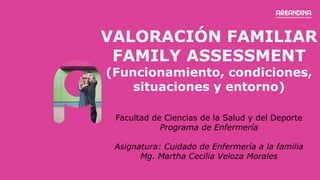 VALORACIÓN FAMILIAR
FAMILY ASSESSMENT
(Funcionamiento, condiciones,
situaciones y entorno)
Facultad de Ciencias de la Salud y del Deporte
Programa de Enfermería
Asignatura: Cuidado de Enfermería a la familia
Mg. Martha Cecilia Veloza Morales
 