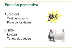 Función perceptiva  AUDICION  Test del susurro Frote de los dedos VISION Lectura Tarjeta de Jaegers 