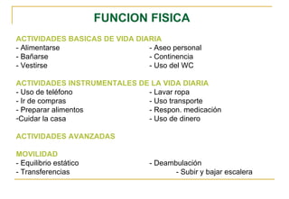 FUNCION FISICA ACTIVIDADES BASICAS DE VIDA DIARIA - Alimentarse - Aseo personal - Bañarse - Continencia - Vestirse - Uso del WC ACTIVIDADES INSTRUMENTALES DE LA VIDA DIARIA - Uso de teléfono - Lavar ropa - Ir de compras - Uso transporte - Preparar alimentos - Respon. medicación  Cuidar la casa  - Uso de dinero ACTIVIDADES AVANZADAS MOVILIDAD - Equilibrio estático - Deambulación - Transferencias - Subir y bajar escalera 