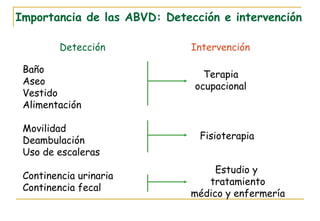 Importancia de las ABVD: Detección e intervención  Baño Aseo Vestido  Alimentación Movilidad Deambulación Uso de escaleras Continencia urinaria Continencia fecal Terapia ocupacional Fisioterapia Estudio y  tratamiento médico y enfermería Detección Intervención 