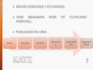 » MEJOR CONOCIDO Y ESTUDIADO.

       » 1958 (BENJAMIN         ROSE        OF     CLEVELAND
         HOSPITAL).

       » PUBLICADO EN 1963.

                                 MOVILIDA        CONTINEN   ALIMENTA
BANO       VESTIRSE   RETRETE
                                   D               CIA        CION
 