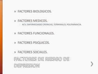 » FACTORES BIOLOGICOS.

» FACTORES MEDICOS.
  ˃ ACV, ENFERMEDADES CRONICAS, TERMINALES, POLIFARMACIA.


» FACTORES FUNCIONALES.

» FACTORES PSIQUICOS.

» FACTORES SOCIALES.
 