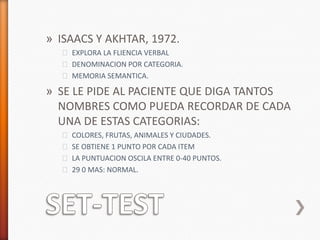 » ISAACS Y AKHTAR, 1972.
  ˃ EXPLORA LA FLIENCIA VERBAL
  ˃ DENOMINACION POR CATEGORIA.
  ˃ MEMORIA SEMANTICA.

» SE LE PIDE AL PACIENTE QUE DIGA TANTOS
  NOMBRES COMO PUEDA RECORDAR DE CADA
  UNA DE ESTAS CATEGORIAS:
  ˃ COLORES, FRUTAS, ANIMALES Y CIUDADES.
  ˃ SE OBTIENE 1 PUNTO POR CADA ITEM
  ˃ LA PUNTUACION OSCILA ENTRE 0-40 PUNTOS.
  ˃ 29 0 MAS: NORMAL.
 