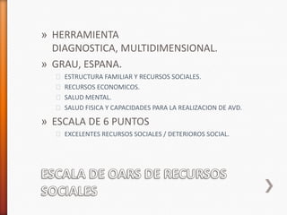 » HERRAMIENTA
  DIAGNOSTICA, MULTIDIMENSIONAL.
» GRAU, ESPANA.
  ˃ ESTRUCTURA FAMILIAR Y RECURSOS SOCIALES.
  ˃ RECURSOS ECONOMICOS.
  ˃ SALUD MENTAL.
  ˃ SALUD FISICA Y CAPACIDADES PARA LA REALIZACION DE AVD.

» ESCALA DE 6 PUNTOS
  ˃ EXCELENTES RECURSOS SOCIALES / DETERIOROS SOCIAL.
 