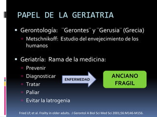 PAPEL DE LA GERIATRIA
 Gerontología: ¨Gerontes¨ y ¨Gerusia¨ (Grecia)
   Metschnikoff: Estudio del envejecimiento de los
     humanos

 Geriatría: Rama de la medicina:
   Prevenir
   Diagnosticar                                                   ANCIANO
                                 ENFERMEDAD
   Tratar                                                          FRAGIL
   Paliar
   Evitar Ia Iatrogenia

 Fried LP, et al. Frailty in older adults. J Gerontol A Biol Sci Med Sci 2001;56:M146-M156.
 