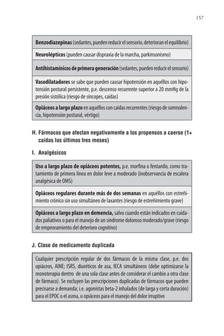 157
Benzodiazepinas(sedantes,puedenreducirelsensorio,deterioranelequilibrio)
Neurolépticos (pueden causar dispraxia de la marcha, parkinsonismo)
Antihistamínicosdeprimerageneración(sedantes,puedenreducirelsensorio)
Vasodilatadores se sabe que pueden causar hipotensión en aquéllos con hipo-
tensión postural persistente, p.e. descenso recurrente superior a 20 mmHg de la
presión sistólica (riesgo de síncopes, caídas)
Opiáceosalargoplazoenaquéllosconcaídasrecurrentes(riesgodesomnolen-
cia, hipotensión postural, vértigo)
H. Fármacos que afectan negativamente a los propensos a caerse (1+
caídas los últimos tres meses)
I. Analgésicos
Uso a largo plazo de opiáceos potentes, p.e. morfina o fentanilo, como tra-
tamiento de primera línea en dolor leve a moderado (inobservancia de escalera
analgésica de OMS)
Opiáceos regulares durante más de dos semanas en aquéllos con estreñi-
miento crónico sin uso simultáneo de laxantes (riesgo de estreñimiento grave)
Opiáceos a largo plazo en demencia, salvo cuando están indicados en cuida-
dos paliativos o para el manejo de un síndrome doloroso moderado/grave (riesgo
de empeoramiento del deterioro cognitivo)
J. Clase de medicamento duplicada
Cualquier prescripción regular de dos fármacos de la misma clase, p.e. dos
opiáceos, AINE; ISRS, diuréticos de asa, IECA simultáneos (debe optimizarse la
monoterapia dentro de una sola clase antes de considerar el cambio a otra clase
de fármaco). Se excluyen las prescripciones duplicadas de fármacos que pueden
precisarse a demanda; i.e. agonístas beta-2 inhalados (de larga y corta duración)
para el EPOC o el asma, u opiáceos para el manejo del dolor irruptivo
 