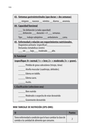 166
A3. Síntomas gastrointestinales (que duran > dos semanas)
__ ninguno __ nauseas __ vómitos __ diarrea __ anorexia.
A4. Capacidad funcional
___ Sin disfunción (a toda capacidad)
___ disfunción ___ duración = # ___ semanas.
Tipo:___ trabajo subóptimo ___ ambulatorio ___cama.
A5. Enfermedad y relación con requerimientos nutricionales.
Diagnóstico primario: (especificar)_________________
Demandas metabólicas (estrés)
___ sin ___ bajo___ moderado ___alto.
B. Funcional
(especifique:0=normal;1+=leve;2+=moderado;3+=grave).
_____ Pérdida de grasa subcutánea (tríceps, tórax)
_____ Atrofia muscular (cuadriceps, deltoides).
_____ Edema en tobillo.
_____ Edema sacro.
_____ Ascitis.
C.Clasificación (seleccione una)
_____ Bien nutrido
_____ Moderado o sospecha de estar desnutrido
_____ Gravemente desnutrido
MINI TAMIZAJE DE NUTRICIÓN (OPS-OMS)
SI Puntos
Tieneenfermedadocondiciónquelehacecambiarlaclasede
comida o la cantidad de alimento que consume.
2
 