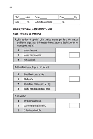 168
Edad:____ años Sexo:_____ Peso:_______ Kg.
Talla:_____ cm. Altura talón-rodilla: ______ cm.
MINI NUTRITIONAL ASSESSMENT - MNA
CUESTIONARIO DE TAMIZAJE
A. ¿Ha perdido el apetito? ¿Ha comido menos por falta de apetito,
problemas digestivos, dificultades de masticación o deglutición en los
últimos tres meses?
0 Anorexia grave.
1 Anorexia moderada.
2 Sin anorexia.
B. Perdida reciente de peso (≤3 meses)
0 Perdida de peso ≥ 3 Kg.
1 No lo sabe.
2 Perdida de peso entre 1 y 3 Kg.
3 No ha habido perdida de peso.
C. Movilidad
0 De la cama al sillón.
1 Autonomía en el interior.
2 Sale de su domicilio.
 