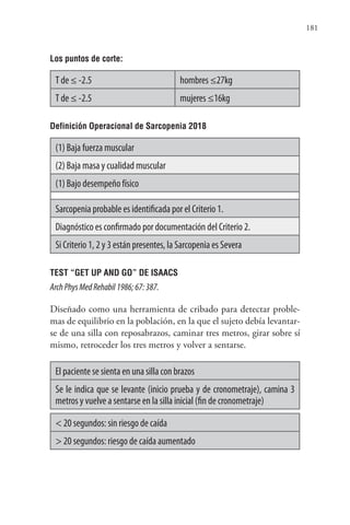 181
Los puntos de corte:
T de ≤ -2.5 hombres ≤27kg
T de ≤ -2.5 mujeres ≤16kg
Definición Operacional de Sarcopenia 2018
(1) Baja fuerza muscular
(2) Baja masa y cualidad muscular
(1) Bajo desempeño físico
Sarcopenia probable es identificada por el Criterio 1.
Diagnóstico es confirmado por documentación del Criterio 2.
Si Criterio 1, 2 y 3 están presentes, la Sarcopenia es Severa
TEST “GET UP AND GO” DE ISAACS
ArchPhysMedRehabil1986;67:387.
Diseñado como una herramienta de cribado para detectar proble-
mas de equilibrio en la población, en la que el sujeto debía levantar-
se de una silla con reposabrazos, caminar tres metros, girar sobre sí
mismo, retroceder los tres metros y volver a sentarse.
El paciente se sienta en una silla con brazos
Se le indica que se levante (inicio prueba y de cronometraje), camina 3
metros y vuelve a sentarse en la silla inicial (fin de cronometraje)
< 20 segundos: sin riesgo de caída
> 20 segundos: riesgo de caída aumentado
 