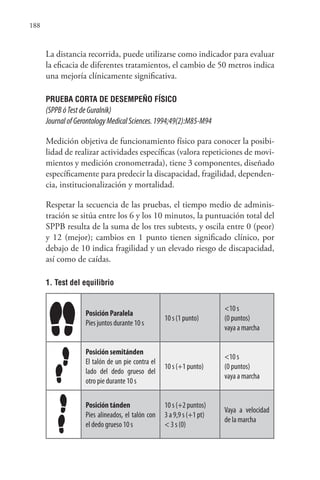 188
La distancia recorrida, puede utilizarse como indicador para evaluar
la eficacia de diferentes tratamientos, el cambio de 50 metros indica
una mejoría clínicamente significativa.
PRUEBA CORTA DE DESEMPEÑO FÍSICO
(SPPBóTestdeGuralnik)
JournalofGerontologyMedicalSciences.1994;49(2):M85-M94
Medición objetiva de funcionamiento físico para conocer la posibi-
lidad de realizar actividades específicas (valora repeticiones de movi-
mientos y medición cronometrada), tiene 3 componentes, diseñado
específicamente para predecir la discapacidad, fragilidad, dependen-
cia, institucionalización y mortalidad.
Respetar la secuencia de las pruebas, el tiempo medio de adminis-
tración se sitúa entre los 6 y los 10 minutos, la puntuación total del
SPPB resulta de la suma de los tres subtests, y oscila entre 0 (peor)
y 12 (mejor); cambios en 1 punto tienen significado clínico, por
debajo de 10 indica fragilidad y un elevado riesgo de discapacidad,
así como de caídas.
1. Test del equilibrio
Posición Paralela
Pies juntos durante 10 s
10 s (1 punto)
<10 s
(0 puntos)
vaya a marcha
Posición semitánden
El talón de un pie contra el
lado del dedo grueso del
otro pie durante 10 s
10 s (+1 punto)
<10 s
(0 puntos)
vaya a marcha
Posición tánden
Pies alineados, el talón con
el dedo grueso 10 s
10 s (+2 puntos)
3 a 9,9 s (+1 pt)
< 3 s (0)
Vaya a velocidad
de la marcha
 