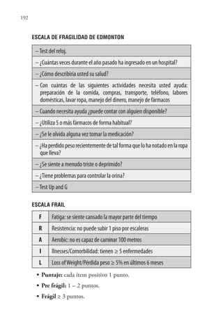 192
ESCALA DE FRAGILIDAD DE EDMONTON
–Test del reloj.
– ¿Cuántas veces durante el año pasado ha ingresado en un hospital?
– ¿Cómo describiría usted su salud?
– Con cuántas de las siguientes actividades necesita usted ayuda:
preparación de la comida, compras, transporte, teléfono, labores
domésticas, lavar ropa, manejo del dinero, manejo de fármacos
– Cuando necesita ayuda ¿puede contar con alguien disponible?
– ¿Utiliza 5 o más fármacos de forma habitual?
– ¿Se le olvida alguna vez tomar la medicación?
–¿Haperdidopesorecientementedetalformaquelohanotadoenlaropa
que lleva?
– ¿Se siente a menudo triste o deprimido?
– ¿Tiene problemas para controlar la orina?
–Test Up and G
ESCALA FRAIL
F Fatiga: se siente cansado la mayor parte del tiempo
R Resistencia: no puede subir 1 piso por escaleras
A Aerobic: no es capaz de caminar 100 metros
I Ilnesses/Comorbilidad: tienen ≥ 5 enfermedades
L Loss ofWeight/Pérdida peso ≥ 5% en últimos 6 meses
• Puntaje: cada ítem positivo 1 punto.
• Pre frágil: 1 – 2 puntos.
• Frágil ≥ 3 puntos.
 