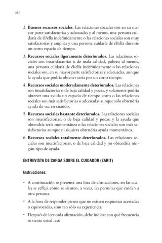 216
2. Buenos recursos sociales. Las relaciones sociales son en su ma-
yor parte satisfactorias y adecuadas y al menos, una persona cui-
daría de él/ella indefinidamente o las relaciones sociales son muy
satisfactorias y amplias y una persona cuidaría de él/ella durante
un corto espacio de tiempo.
3. Recursos sociales ligeramente deteriorados. Las relaciones so-
ciales son insatisfactorias o de mala calidad, pobres; al menos,
una persona cuidaría de él/ella indefinidamente o las relaciones
sociales son, en su mayor parte satisfactorias y adecuadas, aunque
la ayuda que podría obtener sería por un corto tiempo.
4. Recursos sociales moderadamente deteriorados. Las relaciones
son insatisfactorias o de baja calidad y pocas, y solamente podría
obtener una ayuda un espacio de tiempo corto o las relaciones
sociales son más satisfactorias o adecuadas aunque sólo obtendría
ayuda de vez en cuando.
5. Recursos sociales bastante deteriorados. Las relaciones sociales
son insatisfactorias, o de baja calidad y pocas; y la ayuda que
obtendría sería momentánea o las relaciones sociales son más sa-
tisfactorias aunque ni siquiera obtendría ayuda momentánea.
6. Recursos sociales totalmente deteriorados. Las relaciones so-
ciales son insatisfactorias, o de baja calidad y no obtendría nin-
gún tipo de ayuda.
ENTREVISTA DE CARGA SOBRE EL CUIDADOR (ZARIT)
Instrucciones:
• A continuación se presenta una lista de afirmaciones, en las cua-
les se refleja cómo se sienten, a veces, las personas que cuidan a
otra persona.
• A la hora de responder piense que no existen respuestas acertadas
o equivocadas, sino tan sólo su experiencia.
• Después de leer cada afirmación, debe indicar con qué frecuencia
se siente usted, así:
 