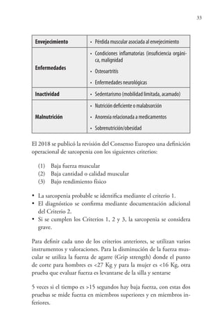 33
Envejecimiento • Pérdida muscular asociada al envejecimiento
Enfermedades
• Condiciones inflamatorias (insuficiencia orgáni-
ca, malignidad
• Osteoartritís
• Enfermedades neurológicas
Inactividad • Sedentarismo (mobilidad limitada, acamado)
Malnutrición
• Nutrición deficiente o malabsorción
• Anorexia relacionada a medicamentos
• Sobrenutrición/obesidad
El 2018 se publicó la revisión del Consenso Europeo una definición
operacional de sarcopenia con los siguientes criterios:
(1) Baja fuerza muscular
(2) Baja cantidad o calidad muscular
(3) Bajo rendimiento físico
•	 La sarcopenia probable se identifica mediante el criterio 1.
•	 El diagnóstico se confirma mediante documentación adicional
del Criterio 2.
•	 Si se cumplen los Criterios 1, 2 y 3, la sarcopenia se considera
grave.
Para definir cada uno de los criterios anteriores, se utilizan varios
instrumentos y valoraciones. Para la disminución de la fuerza mus-
cular se utiliza la fuerza de agarre (Grip strength) donde el punto
de corte para hombres es <27 Kg y para la mujer es <16 Kg, otra
prueba que evaluar fuerza es levantarse de la silla y sentarse
5 veces si el tiempo es >15 segundos hay baja fuerza, con estas dos
pruebas se mide fuerza en miembros superiores y en miembros in-
feriores.
 