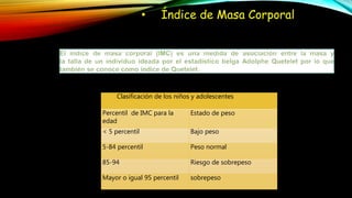 • Índice de Masa Corporal
Clasificación de los niños y adolescentes
Percentil de IMC para la
edad
Estado de peso
< 5 percentil Bajo peso
5-84 percentil Peso normal
85-94 Riesgo de sobrepeso
Mayor o igual 95 percentil sobrepeso
 