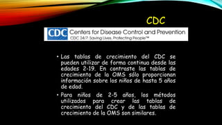 CDC
• Las tablas de crecimiento del CDC se
pueden utilizar de forma continua desde las
edades 2-19. En contraste las tablas de
crecimiento de la OMS sólo proporcionan
información sobre los niños de hasta 5 años
de edad.
• Para niños de 2-5 años, los métodos
utilizados para crear las tablas de
crecimiento del CDC y de las tablas de
crecimiento de la OMS son similares.
 
