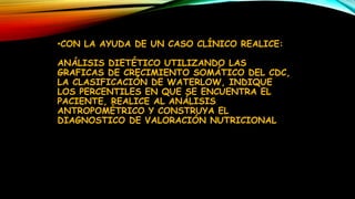 •CON LA AYUDA DE UN CASO CLÍNICO REALICE:
ANÁLISIS DIETÉTICO UTILIZANDO LAS
GRAFICAS DE CRECIMIENTO SOMÁTICO DEL CDC,
LA CLASIFICACIÓN DE WATERLOW, INDIQUE
LOS PERCENTILES EN QUE SE ENCUENTRA EL
PACIENTE, REALICE AL ANÁLISIS
ANTROPOMÉTRICO Y CONSTRUYA EL
DIAGNOSTICO DE VALORACIÓN NUTRICIONAL
 