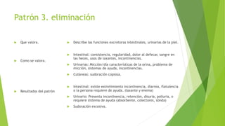 Patrón 3. eliminación
 Que valora.
 Como se valora.
 Resultados del patrón
 Describe las funciones excretoras intestinales, urinarias de la piel.
 Intestinal: consistencia, regularidad, dolor al defecar, sangre en
las heces, usos de laxantes, incontinencias.
 Urinarias: Micción/día características de la orina, problema de
micción, sistemas de ayuda, incontinencias.
 Cutáneas: sudoración copiosa.
 Intestinal: existe estreñimiento incontinencia, diarrea, flatulencia
o la persona requiere de ayuda. (laxante y enema)
 Urinario: Presenta incontinencia, retención, disuria, poliuria, o
requiere sistema de ayuda (absorbente, colectores, sonda)
 Sudoración excesiva.
 