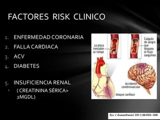 FACTORES RISK CLINICO

1. ENFERMEDAD CORONARIA
2. FALLA CARDIACA
3. ACV
4. DIABETES

5. INSUFICIENCIA RENAL
 •   ( CREATININA SÉRICA>
     2MGDL)
 