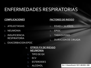 ENFERMEDADES RESPIRATORIAS
COMPLICACIONES                     FACTORES DE RIESGO

1. ATELECTASIAS                    1.   EDAD > 70 AÑOS
2. NEUMONIA                        2.   EPOC
3. INSUFICIENCIA                   3.   TABAQUISMO
   RESPIRATORIA
                                   4. DURACION DE CIRUGIA
4. EXACERBACION EPOC
                   1. OTROS FX DE RIESGO
                       NEUMONIA
                     1. TIPO DE QX
                     2. ECV
                     3. ESTEROIDES
                     4. ALCOHOL
 