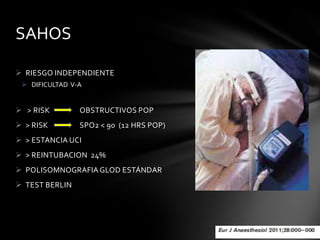 SAHOS

 RIESGO INDEPENDIENTE
  DIFICULTAD V-A


 > RISK        OBSTRUCTIVOS POP
 > RISK        SPO2 < 90 (12 HRS POP)
 > ESTANCIA UCI
 > REINTUBACION 24%
 POLISOMNOGRAFIA GLOD ESTÁNDAR
 TEST BERLIN
 