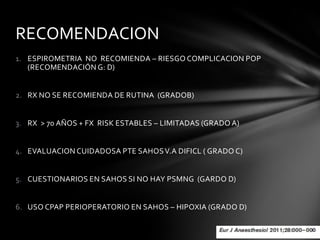 RECOMENDACION
1. ESPIROMETRIA NO RECOMIENDA – RIESGO COMPLICACION POP
   (RECOMENDACIÓN G: D)


2. RX NO SE RECOMIENDA DE RUTINA (GRADOB)


3. RX > 70 AÑOS + FX RISK ESTABLES – LIMITADAS (GRADO A)


4. EVALUACION CUIDADOSA PTE SAHOS V.A DIFICL ( GRADO C)


5. CUESTIONARIOS EN SAHOS SI NO HAY PSMNG (GARDO D)


6. USO CPAP PERIOPERATORIO EN SAHOS – HIPOXIA (GRADO D)
 