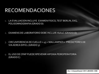 RECOMENDACIONES
1. LA EVALUACION INCLUYE EXAMEN FISICO, TEST BERLIN, EKG,
   POLISOMNOGRAFIA (GRADO D)


2. EXAMENS DE LABORATORIO DEBE INCLUIR HbA1C (GRADO D)


3. CIRCUNFERENCIA DE CUELLO > 43 + MALLAMPATI > PREDICTORES DE
   VIA AEREA DIFICL (GRADO 3)


4. EL USO DE CPAP PUEDE RPEVENIR HIPOXIA PEIROPERATORIA
   (GRADO C)
 