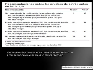 LAS PRUEBAS DIAGNOSTICAS SOLO DEBEN REALIZARSE SI LOS
RESULTADOS CAMBIAN EL MANEJO PERIOPERATORIO
 