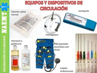 Solución salina
normal
Hemacell y
gelofusine PNA (pantalón
neumático anti
shock
Catéter
endovenosos
torniquete
macrogotero
VALORACIÓNSECUNDARIA
 