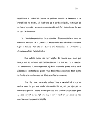 25
representar el hecho por probar, le permiten deducir la existencia o la
inexistencia del mismo. Tal es el caso de la prueba indiciaria, en la cual, de
un hecho conocido y plenamente demostrado, se infiere la existencia del que
se trata de demostrar.
h. Según la oportunidad de producción: En este criterio se toma en
cuenta el momento de la producción, entendiendo este como la síntesis del
lugar y tiempo. Por ello se dividen en: Procesales o Judiciales y
Extraprocesales o Extrajudiciales.
Este criterio puede ser muy amplio, de manera que tiene que
agregársele un elemento, bien sea la finalidad o la relación con el proceso.
Así tenemos que la prueba procesal o judicial es aquella que se realiza en el
proceso por o ante el juez, que en virtud de competencia conoce de él, o ante
un funcionario condicionado por él para verificarla o reunirla.
Por otra parte, es prueba extraprocesal o extrajudicial la que se
realiza fuera del proceso, sin la intervención de un juez, por ejemplo, un
documento privado. Puede ocurrir que haya una prueba extraprocesal pero
que sea judicial, por ejemplo una Inspección Judicial, en cuyo caso se dice
que hay una prueba preconstituida.
 