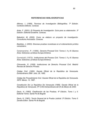 80
REFERENCIAS BIBLIOGRÁFICAS
Alfonso, I. (1999). Técnicas de Investigación Bibliográfica. 7ª Edición.
Contexto Editores. Caracas
Arias, F. (2001). El Proyecto de Investigación: Guía para su elaboración. 3ª
Edición. Editorial Exísteme. Caracas.
Balestrini, M. (2002). Como se elabora un proyecto de investigación.
Consultores Asociados. Caracas.
Bastidas, J. (2003). Diversas pruebas novedosas en el ordenamiento jurídico
venezolano.
Calamandrei, P. (1986). Derecho Procesal Civil. Tomos I, II y III. Buenos
Aires: Ediciones Jurídicas Europa-América.
Carnelutti (1973). Instituciones del Proceso Civil. Tomos I, II y III. Buenos
Aires: Ediciones Jurídicas Europa-América.
Chiovenda, G. (1936). Instituciones de Derecho Procesal Civil. Madrid:
Revista de Derecho Privado.
Código Civil. (1982). Gaceta Oficial de la República de Venezuela.
Extraordinario 2990 Julio, 26, 1982.
Código De Procedimiento Civil. Gaceta Oficial de la República de Venezuela.
3970. Marzo, 13, 1987.
Constitución De La República De Venezuela (1999). Gaceta Oficial de la
República de Venezuela. Nº 5.453 Extraordinaria del 24 de Marzo de 2000.
Devis, H. (1993). Clasificación de las Pruebas. 4ª Edición, Tomo I y II.
Editorial Temis: Santa Fé de Bogotá
Devis, H. (1981). Teoría General de la Prueba Judicial. 5ª Edición, Tomo II.
Zavalia Editor: Santa Fé de Bogotá.
 