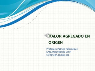 VALOR AGREGADO EN 
ORIGEN 
Profesora Patricia Palomeque 
SAN ANTONIO DE LITIN 
CORDOBA 27/08/2014 
 