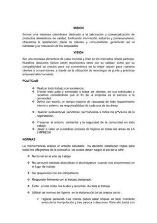 MISION

Somos una empresa colombiana dedicada a la fabricación y comercialización de
productos alimenticios de calidad. Unificando innovación, esfuerzo y profesionalismo,
ofrecemos la satisfacción plena de clientes y consumidores; generando así el
bienestar y la motivación de los empleados

                                       VISION

Ser una empresa alimenticia de clase mundial y líder en los mercados donde participa.
Nuestros productos típicos serán reconocidos tanto por su calidad, como por su
competitividad en precios para así convertirnos en la mejor opción para nuestros
clientes y consumidores, a través de la utilización de tecnología de punta y prácticas
empresariales honestas.

POLITICAS

        Realizar todo trabajo con excelencia.
        Brindar trato justo y esmerado a todos los clientes, en sus solicitudes y
         reclamos considerando que el fin de la empresa es el servicio a la
         comunidad
        Definir por escrito, el tiempo máximo de respuesta de todo requerimiento
         interno o externo, es responsabilidad de cada una de las áreas

        Realizar evaluaciones periódicas, permanentes a todos los procesos de la
         organización.

        Preservar el entorno ambiental y la seguridad de la comunidad en todo
         trabajo.
        Llevar a cabo un cuidadoso proceso de higiene en todas las áreas de LA
         EMPRESA

NORMAS

La microempresa arepas el antojito saludable ha decidido establecer reglas para
todos los integrantes de la compañía las cuales deben seguir al pie de la letra:

    No fumar en el sitio de trabajo

    No consumir bebidas alcohólicas ni alucinógenos cuando nos encontremos en
     el lugar de trabajo

    Ser respetuoso con los compañeros

    Responder fielmente con el trabajo designado

    Evitar a toda costa las burlas y recochas durante el trabajo

    Utilizar las normas de higiene en la elaboración de las arepas como :

           Higiene personal- Las manos deben estar limpias en todo momento
            antes de la manipulación y tras parada o descanso. Para ello basta con
 