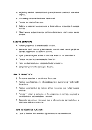  Registrar y controlar los compromisos y las operaciones financieras de nuestra
    empresa.

   Establecer y manejar el sistema de contabilidad.

   Formular los estados financieros.

   Elaborar y presentar oportunamente la declaración de impuestos de nuestra
    empresa.

   Adquirir y darle un buen manejo a los bienes de consumo y de inversión que se
    requiera.



GERENTE COMERCIAL

   Planear y supervisar la contratación de servicios.

   Atender de forma personal y permanente a nuestros fieles clientes ya que se
    les debe proporcionar una atención especial.

   Vigilar que la entrega de recibos se realice de acuerdo a sus vencimientos.

   Preparar planes y algunas estrategias de ventas.

   Hacer una buena selección y capacitación de vendedores.

   Compensar y motivar las estrategias de venta.



JEFE DE PRODUCCION:

   Controlar y supervisar el cumplimento de normas.

   Realizar capacitaciones a los interesados para un buen manejo y elaboración
    del producto

   Realizar un consolidado de materias primas necesarias para realizar nuestro
    producto.

   Formular y vigilar la aplicación de los programas de servicio, seguridad y
    mantenimiento a las instalaciones y equipos.

   Desarrollar las acciones necesarias para la adecuación de las instalaciones y
    equipos de carácter ocupacional.



  JEFE DE RECURSOS HUMANOS:

   Llevar el controlar de la asistencia y puntualidad de los colaboradores.
 