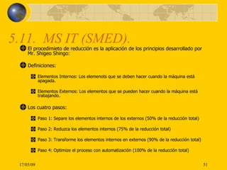 5.11.  MS IT (SMED). <ul><li>El procedimieto de reducción es la aplicación de los principios desarrollado por Mr. Shigeo S...