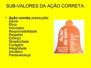 SUB-VALORES DA AÇÃO CORRETA:
• Ação correta pressupõe:
Dever
Ética
Honradez
Responsabilidade
Respeito
Esforço
Simplicidade
Coragem
Integridade
Iniciativa
Perseverança

 