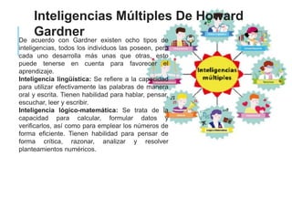 Inteligencias Múltiples De Howard
Gardner
De acuerdo con Gardner existen ocho tipos de
inteligencias, todos los individuos las poseen, pero
cada uno desarrolla más unas que otras, esto
puede tenerse en cuenta para favorecer el
aprendizaje.
Inteligencia lingüística: Se refiere a la capacidad
para utilizar efectivamente las palabras de manera
oral y escrita. Tienen habilidad para hablar, pensar,
escuchar, leer y escribir.
Inteligencia lógico-matemática: Se trata de la
capacidad para calcular, formular datos y
verificarlos, así como para emplear los números de
forma eficiente. Tienen habilidad para pensar de
forma crítica, razonar, analizar y resolver
planteamientos numéricos.
 