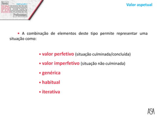 Valor aspetual
 A combinação de elementos deste tipo permite representar uma
situação como:
 valor perfetivo (situação culminada/concluída)
 valor imperfetivo (situação não culminada)
 genérica
 habitual
 iterativa
 